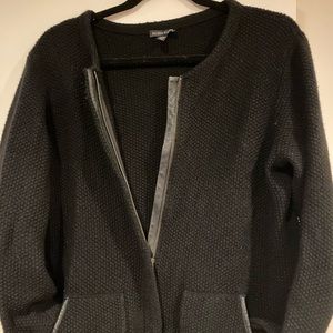 Eileen Fisher Merino Wool and Leather Zip Up Sweater